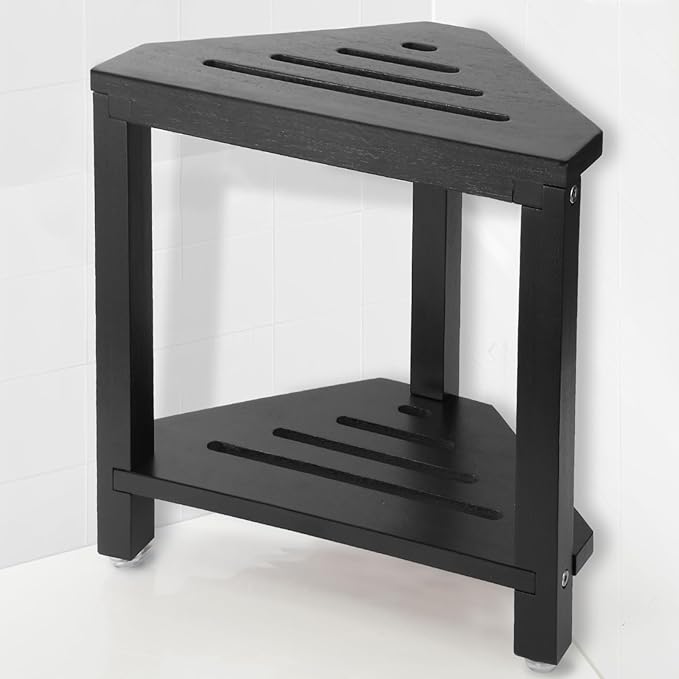 IBosins 16in Shower Foot Rest Corner Shower Stool for Shaving Legs with Storage Shelf Small Bench for Inside Shower to Sit on Bath Seat - Acacia Wood，Black