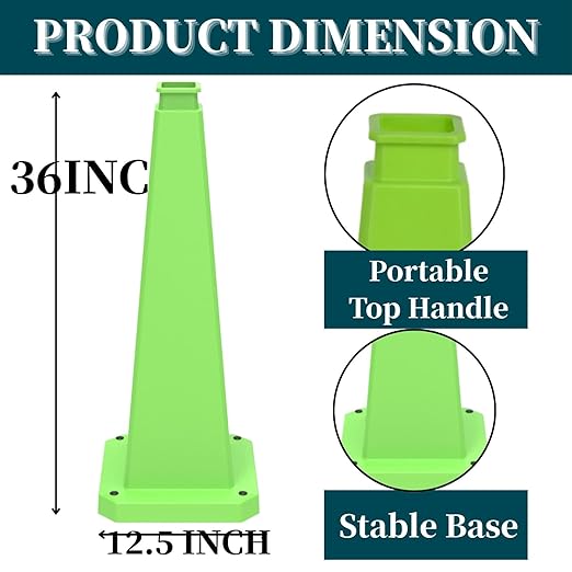 BESEA 6 Pack 36" Bright Green Traffic Safety Cones with Weighted Base, High-Visibility Parking Cones for Driveways, Business Parking Lots, Garages, Indoor/Outdoor Use