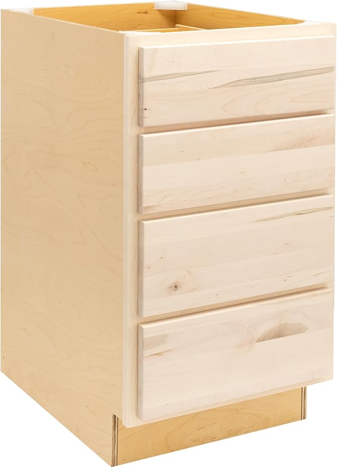 Quicklock RTA (Ready-to-Assemble) | Base Kitchen Cabinets - Shaker Style | Made in America (Raw Maple, 18" Wx34.5 Hx24 D 4 Drawer)