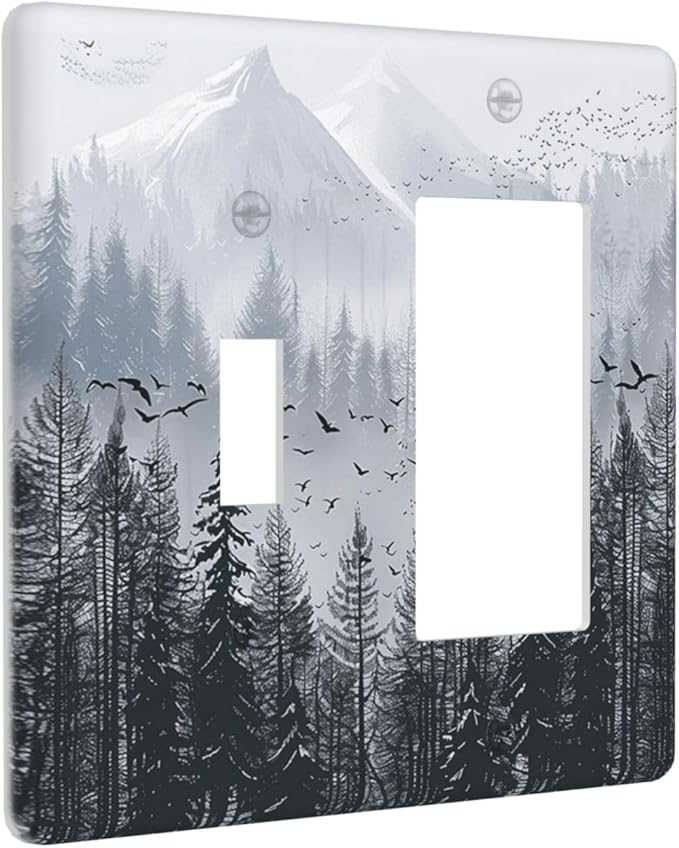 Misty Forest Nature Tree Mountain Birds Outlet Covers 1 Toggle 1 Rocker Combination Decorative Wall Plate Electrical Switch Plates Light Switch Cover Plate for Bed Room Living Room Decor