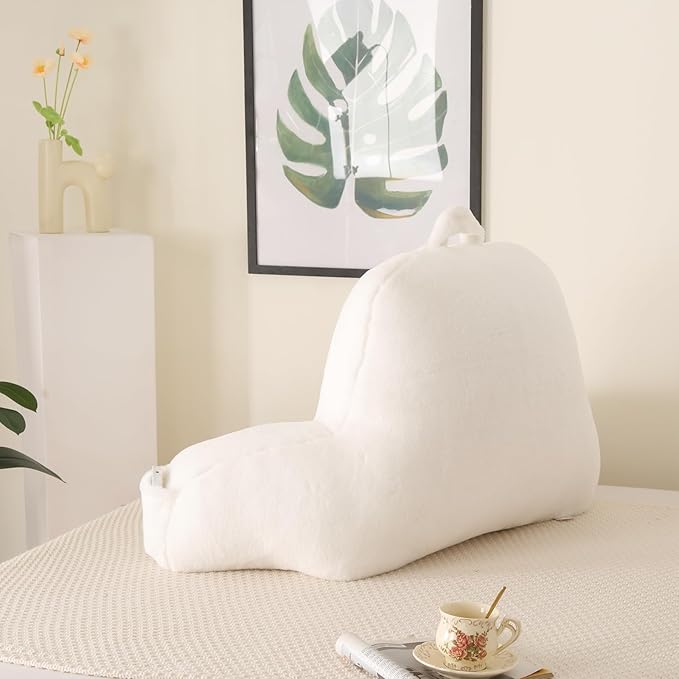 Reading Pillow for Sitting in Bed, Large Backrest Reading Pillow with Arm Rest,Back-Rest Support Cushion for Sit Up on Couch, Sofa, and Floor, Dorm Essentials (White Faux Fur, Standard(17"))