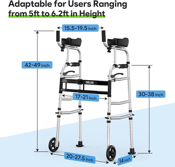 Delog Folding Walker for Senior - Platform Walker with 5’’ Wheels and Removable Padded Armrests 350lbs, Lightweight Walking Mobility Aid, Standard Walker for Elderly (Black)