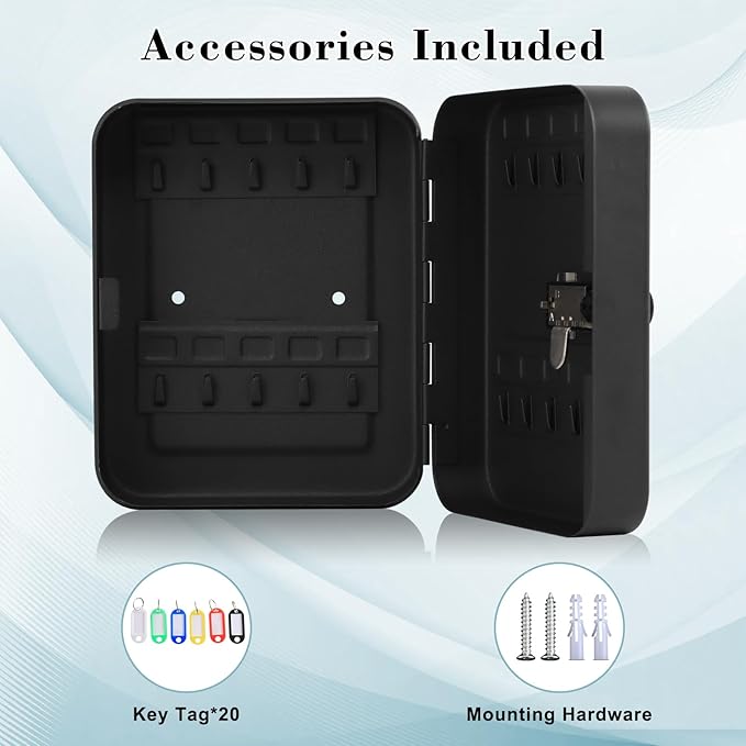 KYODOLED 20 Key Storage Lock Box with Code, Key Cabinet Organizer Wall Mount with Combination Lock, Key Hooks & Labels, 7.87 x 6.3 x 3.14 in, Black