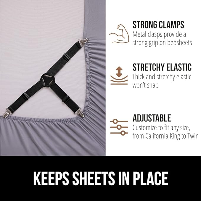 GORILLA GRIP Patent Pending Bed Sheet Holders, Adjustable Elastic Fasteners with Metal Clips, Keep in Place Fitted Bedding Straps, Firm Tight Suspenders for Mattress, US Designed, 4 Pack Black