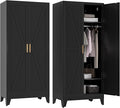 COFaR Metal Wardrobe Cabinet, 71" Farmhouse Storage Cabinet with Hanging Rod, 2 Barn Door, 2 Adjustable Shelves and Legs, for Bedroom, Laundry Room, Cloak Room, Gym, Office, School (Black)