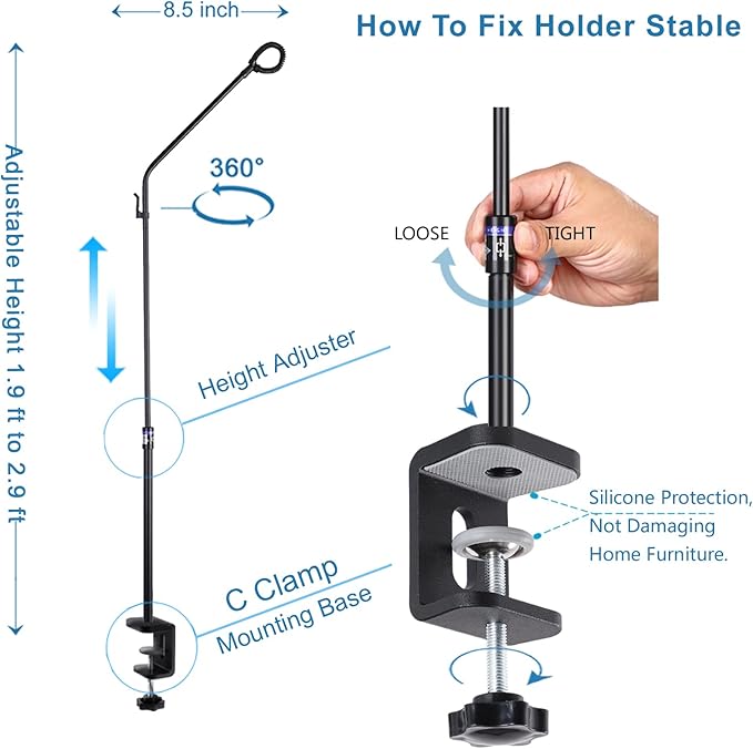 LONYEON CPAP Hose Holder - Prevent Leakage and Tangle with Height Adjustable, Removable and Rotatable - Hose Hanger Hook Organizer CPAP Accessories Supplies for Sleep, with C Clamp Base, Black