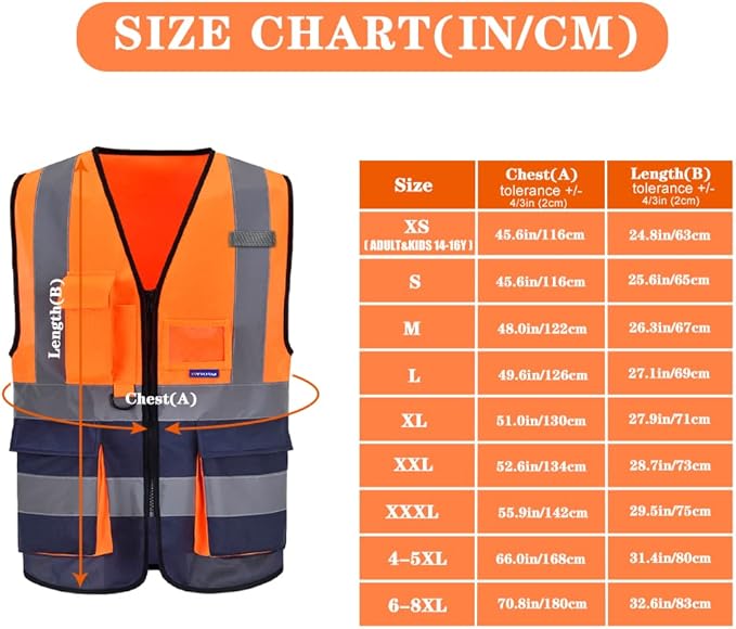 A-SAFETY High visibility vest,Reflective Safety Vest Workwear 7 Pockets Hi Vis Durable Vest with Reflective Tapes 4 Lower Pockets,Orange&Navy XXL