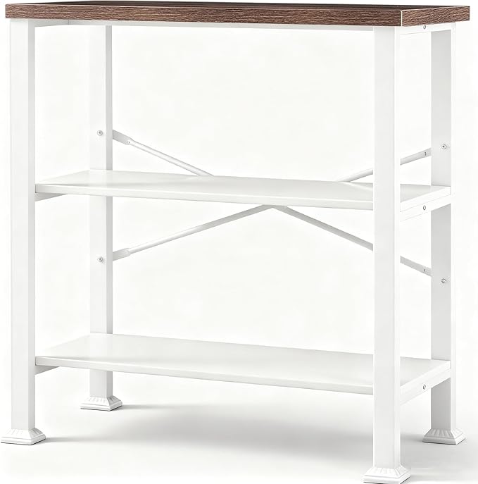 HOMBAZAAR 3 Tier Bookshelf,White Brown Industrial Book Shelf,Engineered Wood and Metal Deep Bookcases,Low Shelf Bookcase for Living Room,Office,Bedroom and Kitchen