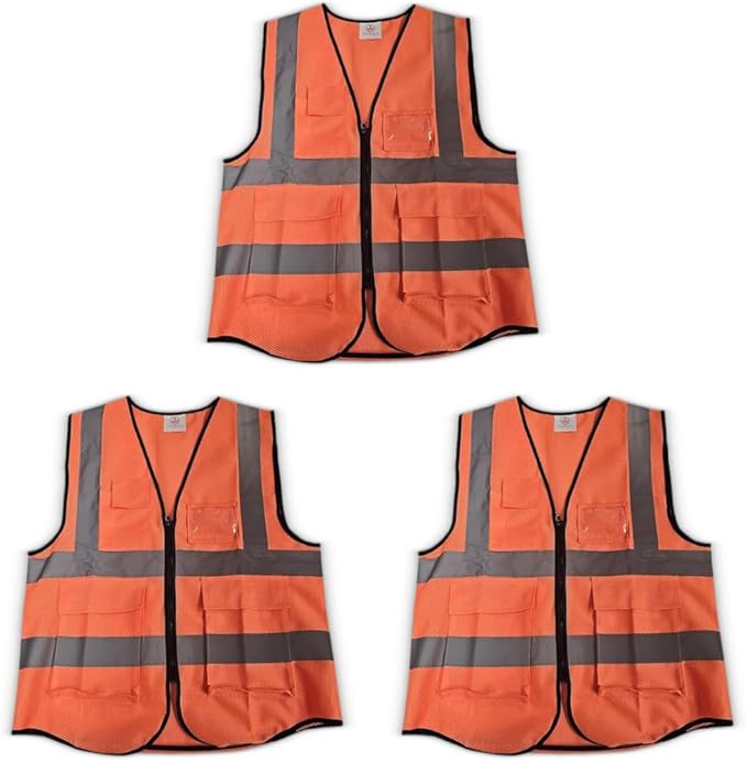 High-Visibility Safety Vests – Pack of 3, Reflective vest, Front Zipper & Utility Pockets for Maximum Safety