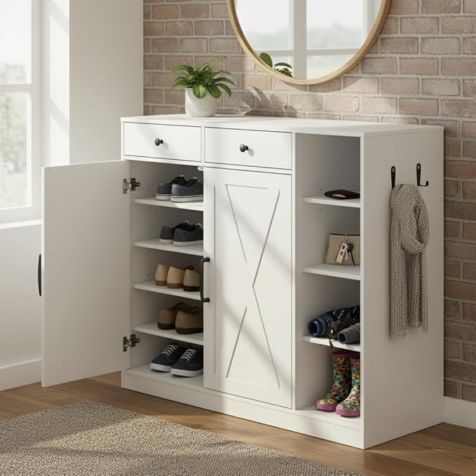 Shoe Cabinet for Entryway with Doors & 3 Open Racks, 4 Adjustable Shelves Storage Organizer for Hallway, Closet, Living Room