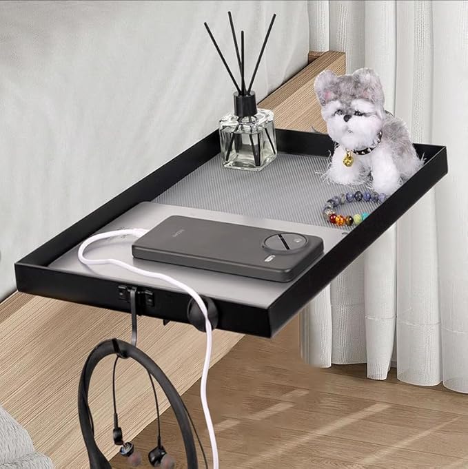 Luckyone Bedside Shelf Metal for Bunk Bed & Top Bunk, Clip On Nightstand, Bed Side Table Tray Organizer, College Dorm Room Essentials with Hook, Cord Clip and Cup Holder