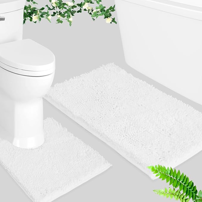 BOANKODU Bathroom Rug Sets, 2 Piece Soft Chenille Bath Mat, Non-Slip, 32x20 Inch + 20x20 Inch U Shape, Machine Washable (White)