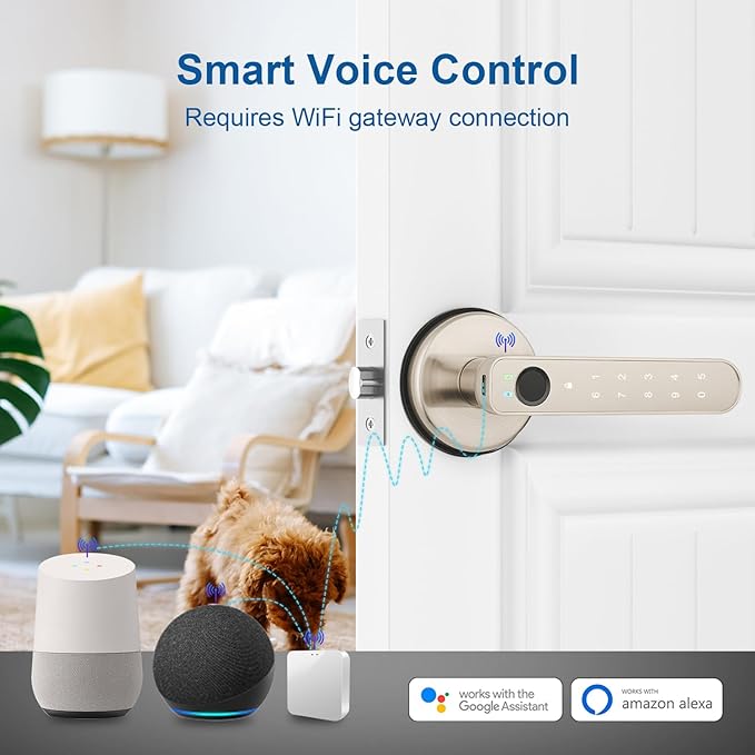 Fingerprint Door Lock, Fingerprint Door Knob Biometric Door Lock Smart Door Knob with App Control, Keyless Entry with Handle for Home Office Apartment Bedroom Nickel
