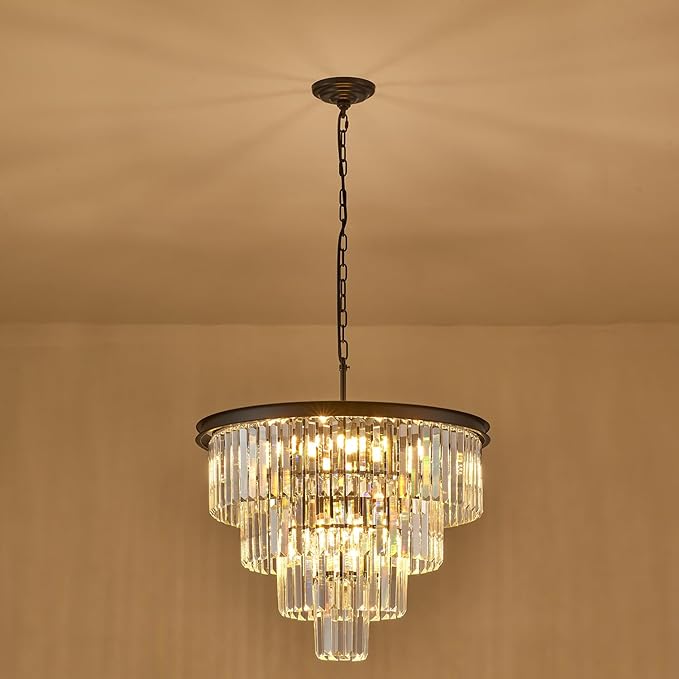4-Tiers 23.6" Black Modern Crystal Chandelier 12-Light Crystal Pendant Ceiling Light Fixture Hanging Lighting for Entryway Dining Room Bedroom Living Room Foyer High Ceiling