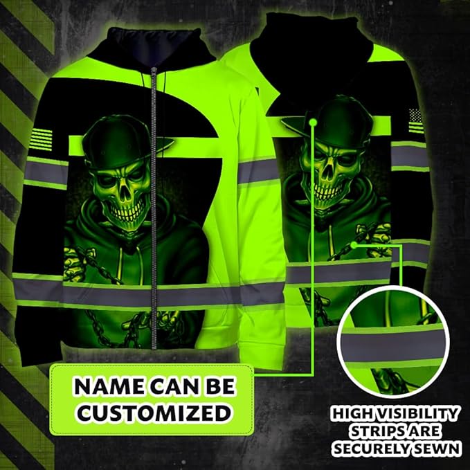 Maddly Hi Vis Reflective Zip Up Hoodie, High Visibility Safety Jacket with Skull Design for runner, worker, trucker, cyclist