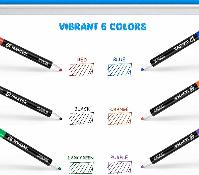 maxtek Dry Erase Markers - 6 Count Colorful Magnetic Dry Erase Markers Fine Tip with Eraser, Low Odor Whiteboard Markers for Calendar Boards