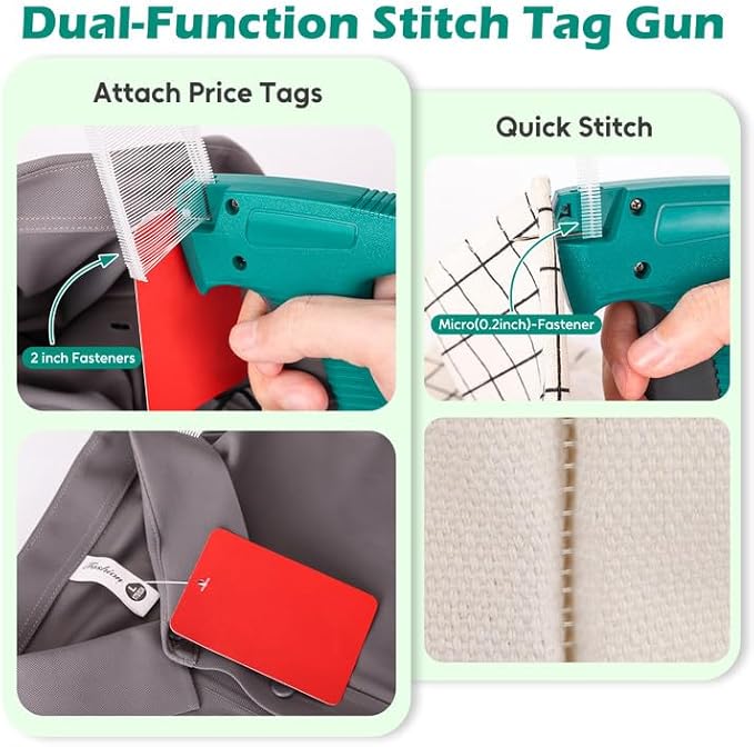 Price Tagging Gun for Clothing, 2-in-1 Stitch Gun & Retail Price Tag Attacher Gun for Clothes with 6 Needles & 1000pcs 0.2" & 1000pcs 2"Barbs Fasteners
