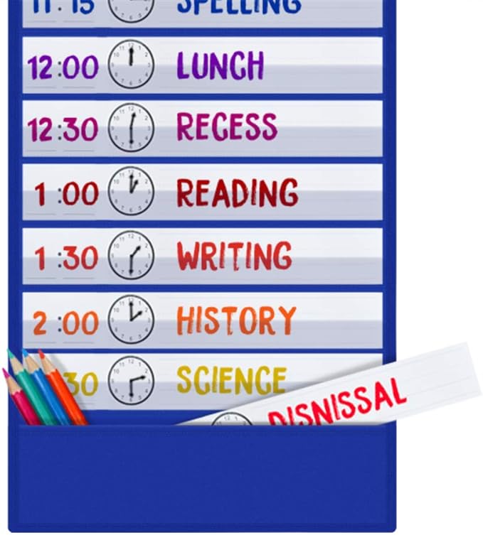 Godery Scheduling Pocket Chart, 13+1 Pockert, Daily Class Schedule Pocket Chart with 18 Dry-Eraser Cards, Ideal for Classroom Office School Home Used, Over-door Mount (Blue)