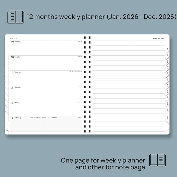 POPRUN 2026 Planner Weekly Notebook Calendar (Jan-Dec), Large Size 8.5'' x 10.5'' - Agenda 2026 Appointment Book with Monthly Tabs, Inner Pocket, Spiral Soft Cover, 100 GSM - Brown