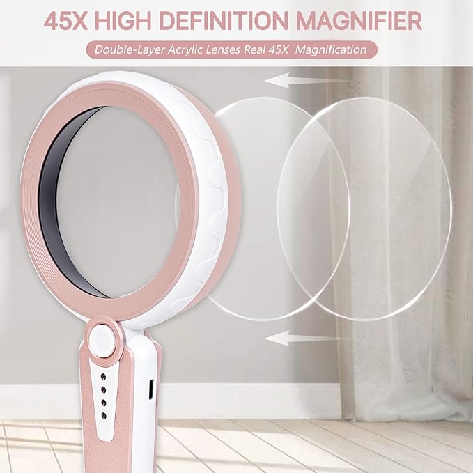 45X Magnifying Glass with Light, 1200mAh Rechargeable, 6 Light Modes, 4.6In Large Handheld Magnifier for Women, Low Vision Seniors with Macular Degeneration, Reading, Jewelry, Coins - Pink