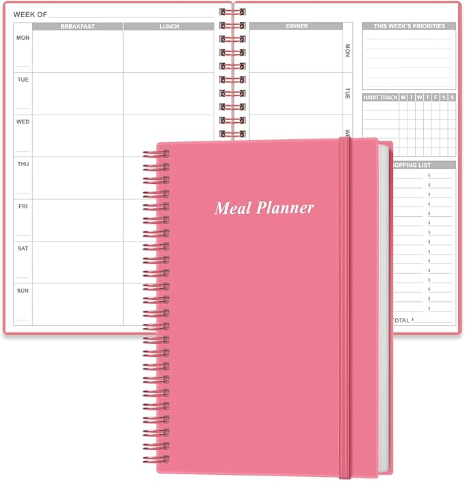 Weekly Meal Planner - A5 Weekly & Daily Meal Prep Journal with Shopping and Grocery Lists for Menu Planning, 93 Sheets/186 Pages Healthy Diet & Weight Loss Tracking, Undated, 52 Weeks, Lasts 1 Year,