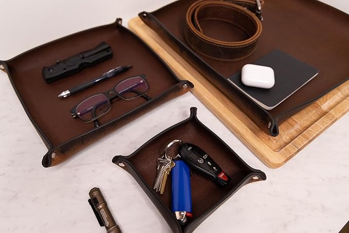 Valet Tray – Full-Grain Leather Catchall Organizer for Keys, Phone & Wallet – Rustic Nightstand & Desk Tray with Raised Sides – Handmade in USA (Vintage Brown, Medium Square)