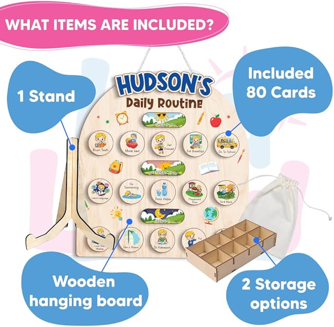 Wooden Chore Chart for Boys, Daily Routine Chart for Kids, Visual Schedule, Chore Reward Chart, Bedtime Morning Routine Chart for Toddlers (05)