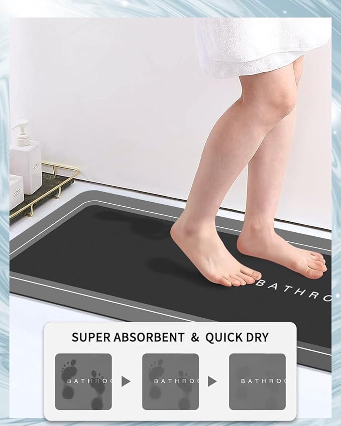 Bath Mat, Super Absorbent Non Slip Quick Dry Thin Rubber Mats for Bathroom Floor, Fit Under Door, Shower Rug for Bathtub, Dark Grey
