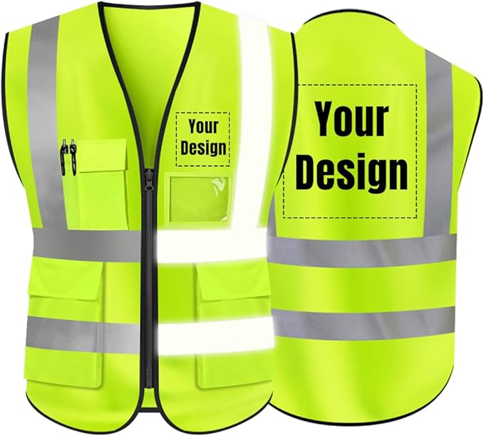 YOWESHOP High Visibility Safety Vest Custom Your Logo Protective Workwear 5 Pockets With Reflective Strips Outdoor Work Vest (Neon Yellow XL)