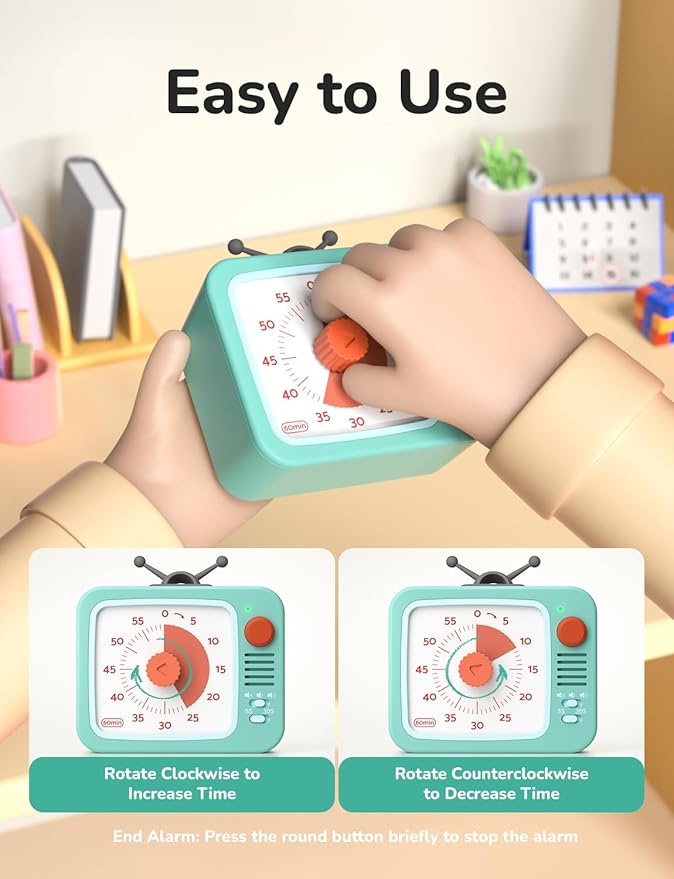 LIORQUE Visual Timer for Kids with Pause Function, 60-Minute Countdown Timers for Classroom Office Kitchen with Silent Operation, Kids Timer for Teaching