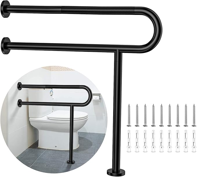Toilet Support Rail 31.3X 31.5 Inch, Munzong Anti-Slip Black Handicap Grab Bar for Bathroom, Stainless Steel Knurled Safety handrails with Leg for Elderly Disabled Pregnant-1.25’Tube