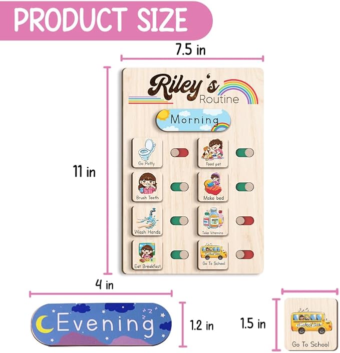 Wooden Chore Chart for Kids Visual Schedule, Routine Chart for Kids, Morning Bedtime Routine Chart for Toddlers Ages 2-4, Daily Kids Schedule Board for Home (08)