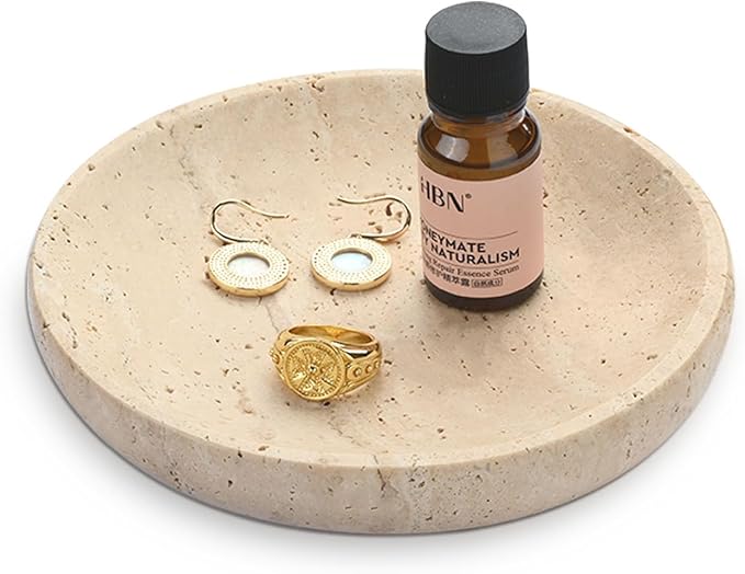 Natural Marble Round Jewelry Tray 5.5 inch, Beige Travertine Accent Dish for Rings, Keys, Earrings and Soap, Ideal Gift for Women