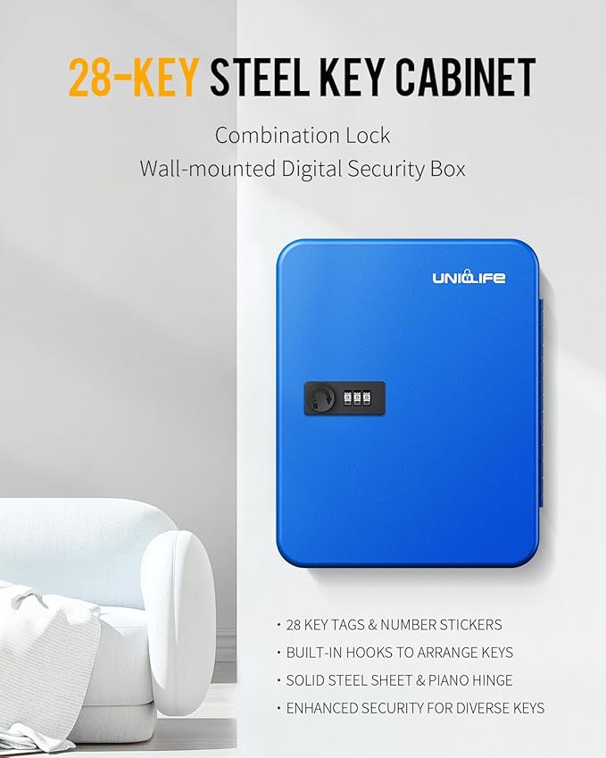 Uniclife 28 Keys Steel Key Cabinet with Resettable Code Blue Wall Mounted Key Organizer with Combination Lock Digital Security Box with Hooks and Large Key Tag Labels Identifiers in 5 Assorted Colors