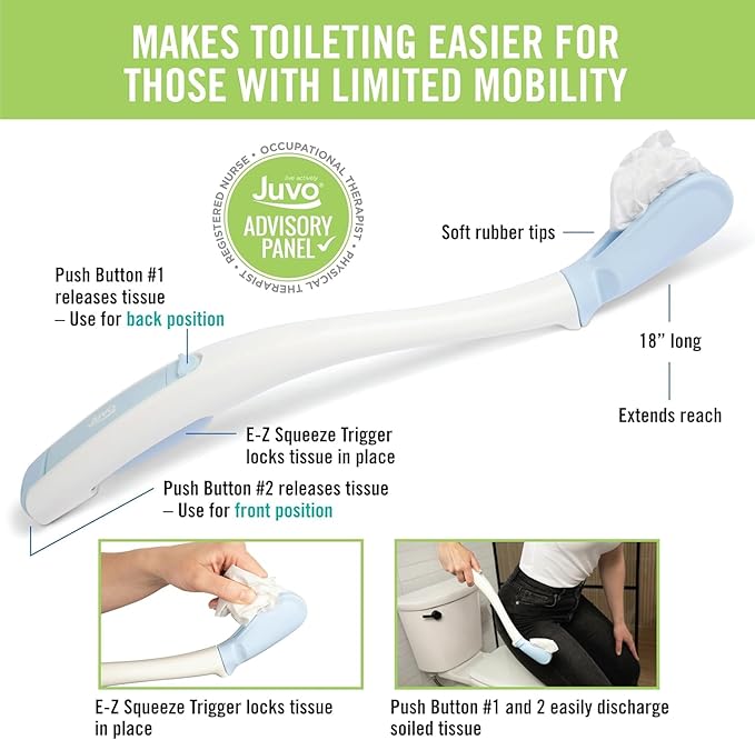 Juvo Toilet Aid (Pack of 2) - Personal Bottom Wiping Tool, Bathroom Mobility Aid for Disabled, Elderly, and Surgery Recovery - 18" Long Wand with Hygienic Cover