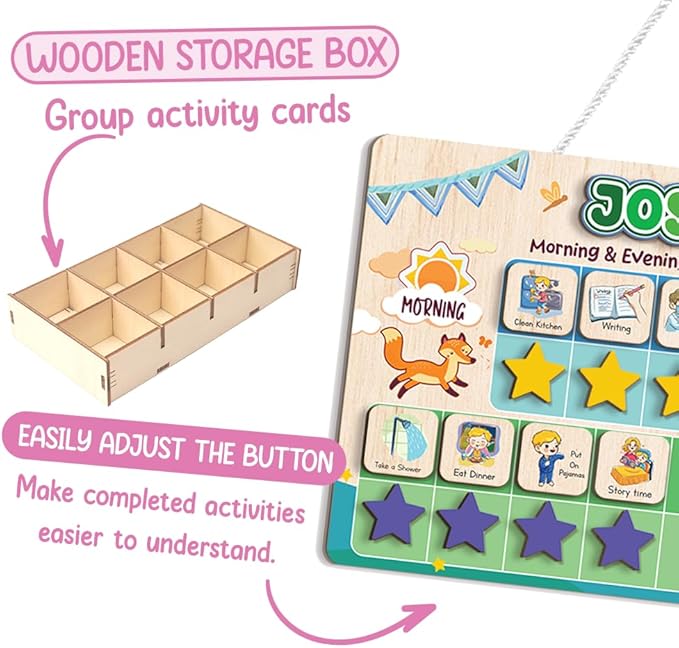 Wooden Chore Chart for Kids Visual Schedule, Routine Chart for Kids, Morning Bedtime Routine Chart for Toddlers Ages 2-4, Daily Kids Schedule Board for Home (13)