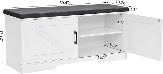 2-Tier Storage Bench, 39.4" Wide Shoe Bench with Padded Seat Cushion, Entryway Bench with 2 Barn Doors and Adjustable Shelf, White