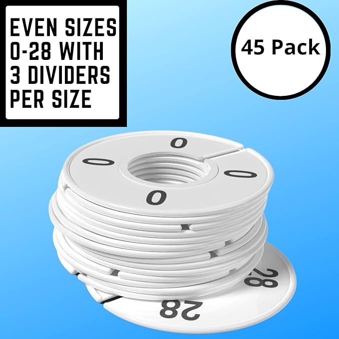 Discount Sizing- Women's Clothing Round Rack Number Size Dividers | 3 of Each Size 0-28 Even | (45 Pack White and Quantities Available