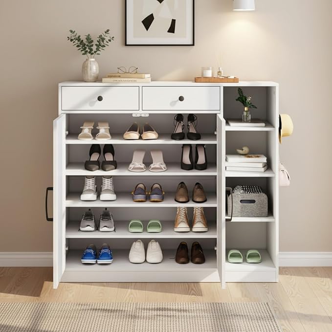 Shoe Cabinet for Entryway with Doors & 3 Open Racks, 4 Adjustable Shelves Storage Organizer for Hallway, Closet, Living Room