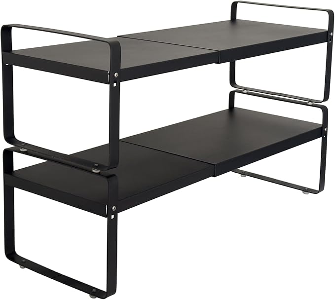Set of 2 Black Kitchen Countertop Shelves, Expandable Cabinet Shelf Organizers, Stackable Metal Pantry Storage Shelves for Spice Rack, Cupboard