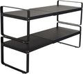 Set of 2 Black Kitchen Countertop Shelves, Expandable Cabinet Shelf Organizers, Stackable Metal Pantry Storage Shelves for Spice Rack, Cupboard