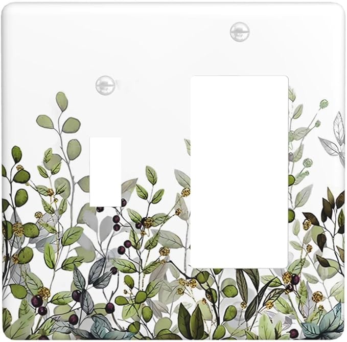 Watercolor Green Eucalyptus Leaves Plants Fruit Outlet Covers 1 Toggle 1 Rocker Combination Decorative Wall Plate Electrical Switch Plates Light Switch Cover Plate for Bed Room Living Room Decor