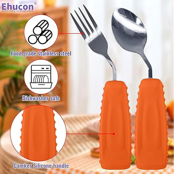 Adaptive Utensils,Weighted Angled Silverware,Parkinsons Aids,Angled Silverware Spoon and Fork Set for Elderly, Arthritis, Dementia, Disable, Handicapped Hands (Right Hand,Pack of 2,Orange)