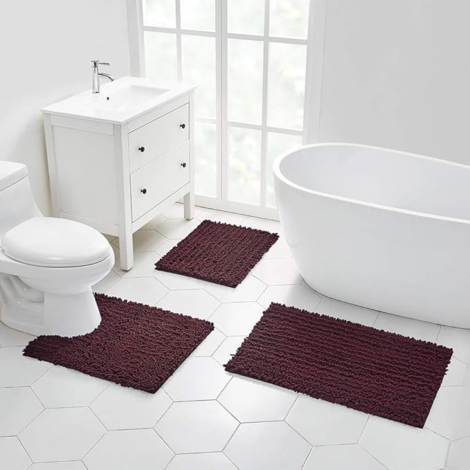Walensee Large Bathroom Rug Non Slip Bath Mat (72x24 Inch Burgundy) Water Absorbent Super Soft Shaggy Chenille Machine Washable Dry Extra Thick Perfect Absorbant Best Plush Carpet for Shower Floor