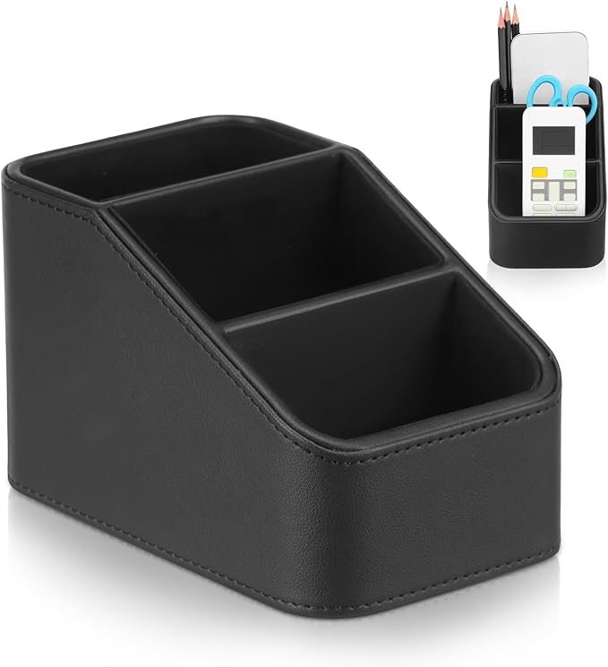 PU Remote Control Holder, Small Desk Organizer Office Supply Bedside Caddy for Nightstand End Table Remote Organizer with 3/4 Compartment (Black)(3 grids)