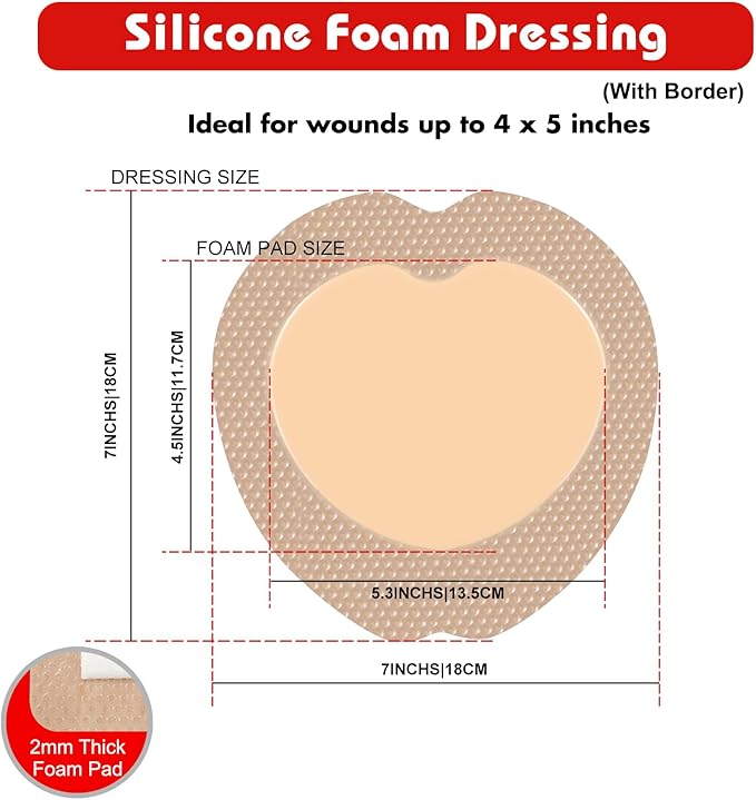 FRESINIDER 7"x7" (Pack of 5) Wound Silicone Sacral Foam Dressing - Sacrum Foam Adhesive with Border - Waterproof Absorbent Breathable Bed Sore Pressure Pads