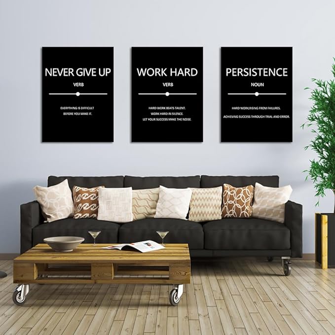 Unbruvo Inspirational Canvas Wall Art, Motivational Office Wall Decor, 3 Pieces Black Never Give Up Positive Quotes Wall Art for Workplace Living Room Bedroom(72''Wx 36''H)