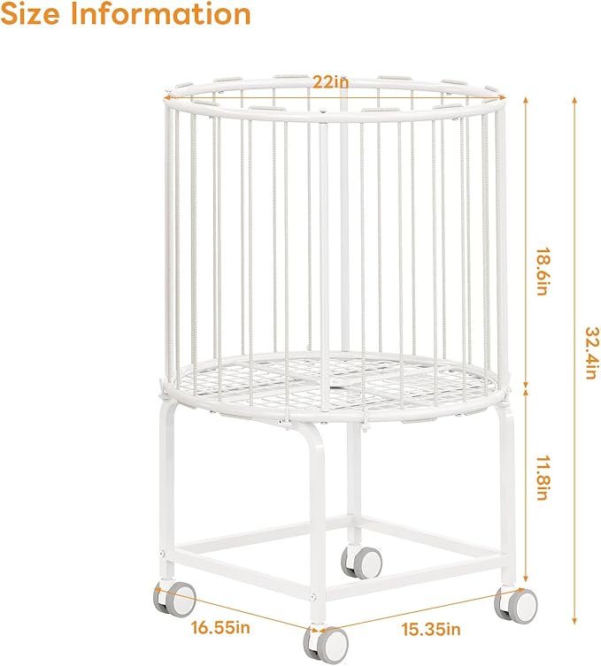 29-Gallon(110 L) Laundry Basket with Wheels,Rolling Round Metal Laundry Basket Cart with Elastic Cord,2 Locking Wheels-White