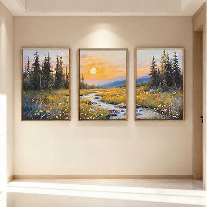 IARTTOP Extra Large Mountain Landscape Wall Art Framed 24x36 Inch Abstract Forest Canvas Wall Decor Sunset Nature Scenery Artwork for Living room Bedroom Set of 3
