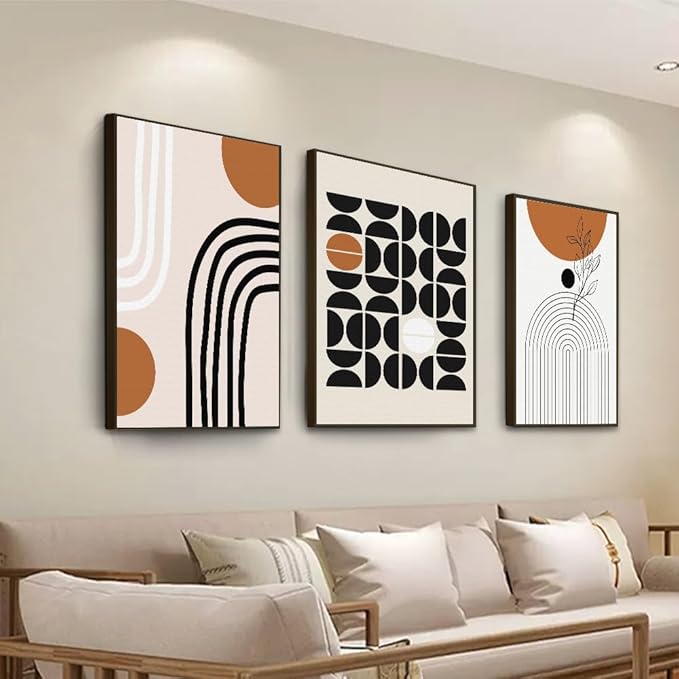 QKF Minimalist Canvas Wall Art Boho Black Brown Beige Line Geometric Abstract Modern Home Decorative Painting Bedroom Living Room Pictures Office Poster 3 Piece Set 16“X 24”